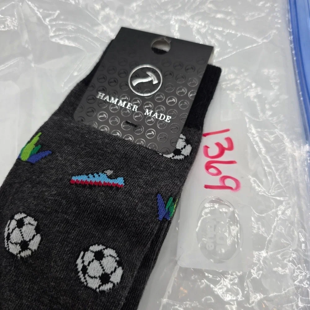 HAMMER MADE Novelty Crew Socks Soccer Ball Shoe Print‎ Charcoal Grey New Sports